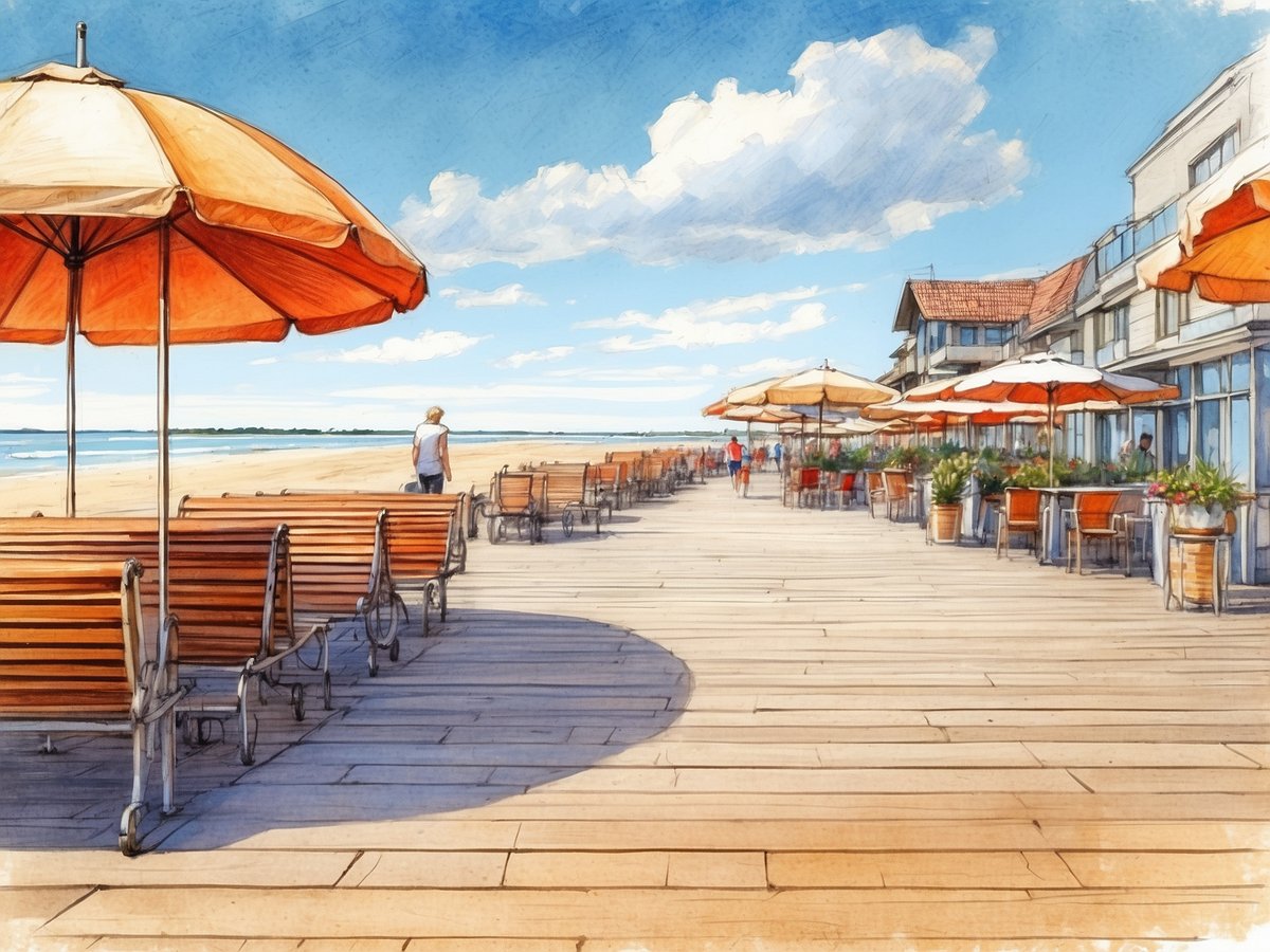 Eine schöne Strandpromenade in Grömitz mit einer Holzterrasse, die von orangenen Sonnenschirmen gesäumt ist. Im Hintergrund ist das Meer zu sehen, während einige Personen entspannt spazieren gehen. Neben der Terrasse stehen Holzstuhlreihen und es gibt grüne Pflanzen in Töpfen, die die Umgebung verschönern. Die Himmel ist hellblau mit ein paar vereinzelten Wolken.