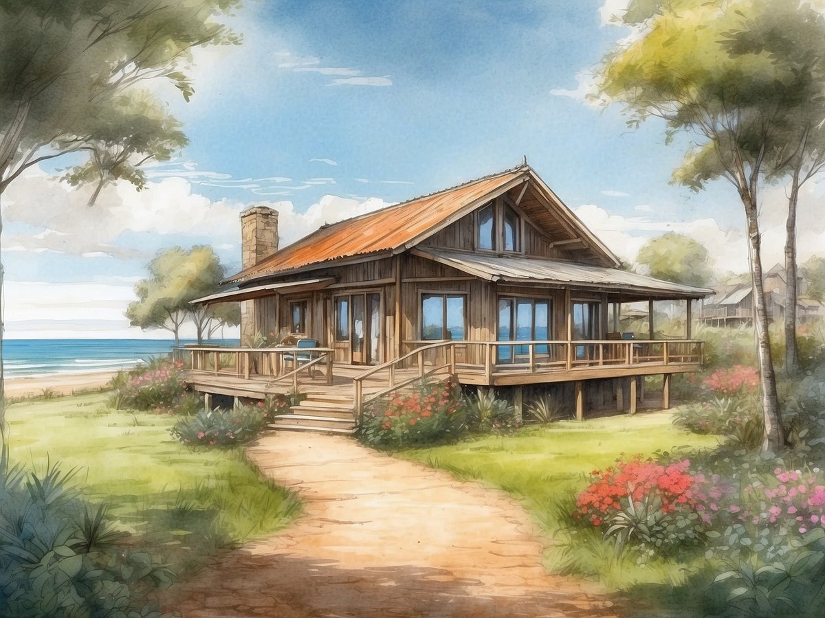 Eine charmante Holzhaus mit einer Veranda steht in einem grünen Garten voller Blumen und Sträucher. Ein Ziegelstein Kamin verleiht dem Gebäude einen rustikalen Touch. Der Weg zum Haus ist von sanften Erdtübergängen umgeben, der Blick auf das Meer im Hintergrund ist klar erkennbar. Im Himmel sind einige Wolken zu sehen, die die sonnige Atmosphäre unterstreichen.