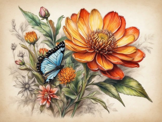 Auf dem Bild ist eine wundervolle Darstellung von Blumen und einem Schmetterling zu sehen, die eine einzigartige Flora und Fauna verkörpern. Die Blumen haben leuchtende Farben, darunter Orangetöne und sanfte Pastelltöne, während der Schmetterling mit seinen blauen Flügeln einen schönen Kontrast bildet. Diese Komposition bringt die Vielfalt und Schönheit der Natur zum Ausdruck und zeigt die harmonische Verbindung zwischen Pflanzen und Tieren. Die feinen Details in der Zeichnung verstärken das Gefühl von Lebendigkeit und Natürlichkeit.