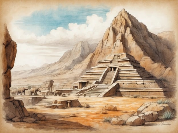 Auf dem Bild ist eine antike, pyramidenartige Struktur zu sehen, die von einer zerklüfteten Gebirgslandschaft umgeben ist. Einige Elefanten wandern in der Nähe der Pyramide, was darauf hinweist, dass die Szene in einer prähistorischen Zeit spielt. Die Architektur der Pyramide und die sanfte, farbige Zeichnung vermitteln eine Atmosphäre, die an frühe Zivilisationen erinnert. Diese Darstellung könnte eine mythologische oder kulturelle Stätte abbilden, die möglicherweise von den Menschen der damaligen Zeit verehrt wurde.