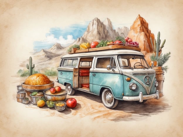 Auf dem Bild ist ein klassischer VW-Bus zu sehen, der in einer malerischen, naturbelassenen Landschaft abgestellt ist. Der Bus hat einen rustikalen Charme und ist mit frischem Obst und Gemüse beladen, darunter Äpfel, Zitrusfrüchte und andere lebendige Produkte. Neben dem Bus stehen verschiedene Schalen und Töpfe, die möglicherweise hausgemachtes Brot oder regionale Spezialitäten enthalten. Diese Darstellung weckt das Interesse an kulinarischen Entdeckungen abseits des Mainstreams, wie zum Beispiel der Verwendung lokaler Zutaten und traditioneller Kochmethoden, die oft in Märkten oder von kleinen Produzenten angeboten werden. Solche Erlebnisse eröffnen Einblicke in die vielfältige und authentische Esskultur der Region.