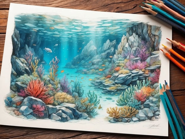 Auf dem Bild ist eine wunderschöne Unterwasserlandschaft zu sehen, die die Schönheit der Unterwasserwelt Maltas einfängt. Es sind bunte Korallenriffe, verschiedene Wasserpflanzen und einige Fische in einem klaren, blauen Wasser dargestellt. Die Felsen und das Lichtspiel im Wasser verleihen der Szene eine lebendige und friedliche Atmosphäre, die die Vielfalt und Pracht des marinen Lebens unter der Oberfläche widerspiegelt. Die Verwendung von kräftigen Farben betont die Fantasie und die Schönheit der Unterwasserwelt.