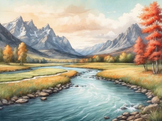 Auf dem Bild ist eine malerische Landschaft zu sehen, die die Natur entlang der Moldau widerspiegelt. Ein klarer Fluss schlängelt sich durch die sanften Hügel und Wiesen, umgeben von leuchtenden Bäumen in warmen Herbsttönen. Im Hintergrund erhebt sich eine Kette von majestätischen Bergen, deren Gipfel teilweise mit Schnee bedeckt sind. Die sanfte Farbgebung des Himmels und die ruhige Wasseroberfläche vermitteln ein Gefühl von Frieden und Harmonie in der Natur.