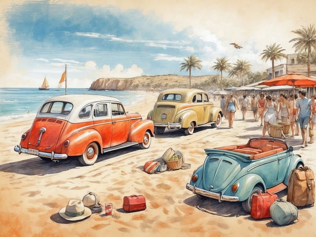 Auf dem Bild ist ein lebhafter Strandtag zu sehen. Es gibt mehrere klassische Autos, die auf dem Sand geparkt sind. Menschen flanieren am Strand, viele tragen Badekleidung und genießen die Sonne. Einige sind vermutlich auf dem Weg zu den umliegenden Strandcafés oder -bars. 

Aktivitäten könnten das Sonnenbaden, Schwimmen im Meer oder Picknicken am Strand sein. Die Szene strahlt eine entspannte, sommerliche Atmosphäre aus, ideal für einen Urlaubstag in einem Ferienort. Es gibt auch Sonnenliegen und Sonnenschirme, die die Strandbesucher vor der Sonne schützen.