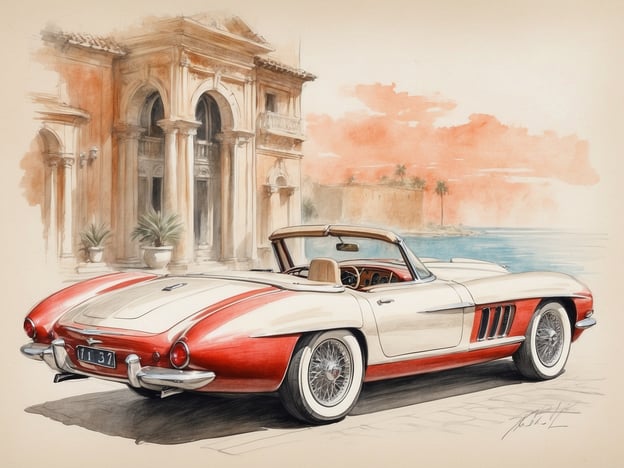 Auf dem Bild sehen wir ein klassisches, elegantes Auto, das in der luxuriösen Kulisse Monacos steht, einer Stadt mit einer reichen Geschichte, die eng mit Glamour, Wohlstand und dem Automobilsport verbunden ist. Monaco wurde im 13. Jahrhundert gegründet und unter dem Fürstentum der Grimaldi-Familie zu einem bedeutenden Zentrum für Politik und Kultur. 

Das Auto spiegelt den Charme und den Reichtum wider, die Monaco auszeichnen, besonders in der Zeit der 1950er und 1960er Jahre, als Automobilrennen wie der Große Preis von Monaco internationale Berühmtheit erlangten. Diese Ära brachte viele beeindruckende Sportwagen hervor, die oft auf den malerischen Straßen entlang der Küste fuhren, wo sich das glitzernde Mittelmeer mit der architektonischen Pracht der Stadt vereinte. 

Das Bild fängt somit nicht nur die Schönheit des Fahrzeugs ein, sondern auch die glamouröse Geschichte Monacos als Spielplatz der Reichen und Schönen.