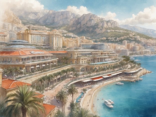 Auf dem Bild ist eine malerische Küstenansicht von Monaco zu sehen. Im Vordergrund erkennt man den schönen Strandbereich mit Palmen und einer Promenade, die entlang des Wassers verläuft. In der Mitte befindet sich das Casino von Monte-Carlo, ein bekanntes Wahrzeichen der Stadt, das für seine beeindruckende Architektur und das aufregende Glücksspiel bekannt ist. Im Hintergrund erhebt sich die Berglandschaft, die typisch für Monaco ist, mit eleganten Gebäuden, die am Hang liegen. Diese Szenerie spiegelt die luxuriöse Atmosphäre von Monaco wider.