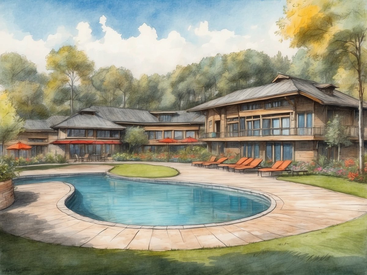 Der Poolbereich des Roompot Park - Hillview Resort Grandvoir ist zu sehen. Im Vordergrund befindet sich ein runder Pool mit einer eleganten Steinumrandung. Rote Liegestühle stehen geordnet auf der Terrasse neben dem Pool. Hinter dem Pool sind moderne, mehrstöckige Gebäude mit großen Fenstern und Balkonen, die von einer üppigen Gartenlandschaft umgeben sind. Vor den Gebäuden stehen sonnenschirmartige Roten, die zusätzlichen Schatten spenden. Über dem Gelände haben sich grüne Bäume mit einer einladenden, natürlichen Umgebung ausbreitet.