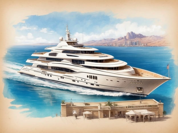 Auf dem Bild sieht man eine prächtige Yacht, die durch wunderschöne, glitzernde Wasseroberflächen fährt. Die Yacht hat ein elegantes Design und vermittelt den Eindruck von Luxus und Wohlstand, ganz im Stil von „Die glitzernde Welt von Monaco“. Im Hintergrund erscheinen sanfte Hügel und moderne Gebäude, die den exklusiven Charakter des Ortes unterstreichen. Am Ufer ist eine charmante Strandpromenade mit Palmen und kleinen Pavillons zu sehen, die zu einem entspannenden Aufenthalt einladen.