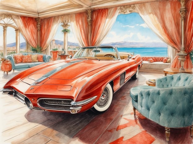 Auf dem Bild ist ein luxuriöses Interieur zu sehen, das einen beeindruckenden, roten Oldtimer präsentiert, der in einem eleganten Raum mit Blick auf das Meer steht. Die Kombination aus opulentem Mobiliar, den goldenen Verzierungen und den großen Fenstern schafft ein Gefühl von Reichtum und Exklusivität. Es vermittelt den Eindruck eines Lebensstils, der von Eleganz und Stil geprägt ist, wie man ihn oft bei den Reichen und Schönen findet. Dieser Raum könnte perfekt für extravagante Unterhaltung oder entspannte Momente mit atemberaubendem Blick auf die Küste sein.