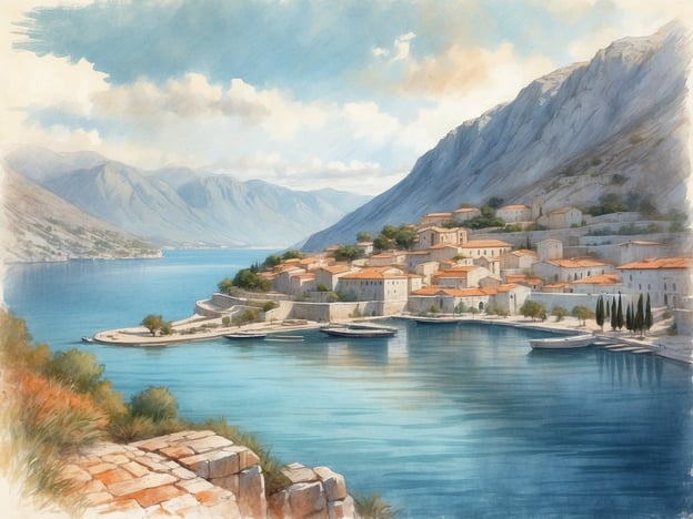 Auf dem Bild ist die atemberaubende Landschaft der Bucht von Kotor zu sehen. Die friedlichen Gewässer spiegeln die umgebenden Berge wider, während sich charmante Gebäude mit roten Dächern an den Ufern der Bucht reihen. Die gesamte Szene strahlt eine ruhige, malerische Atmosphäre aus, die typisch für diese Region ist.