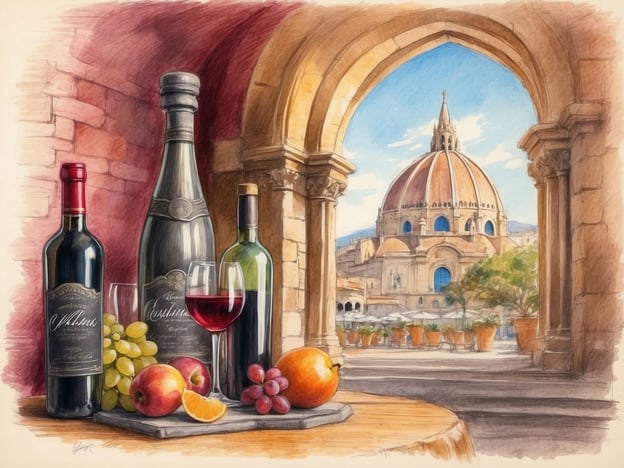 Auf dem Bild ist eine stilvolle Anordnung von Weinflaschen und einem Glas Wein zu sehen, umgeben von frischen Früchten wie Trauben, Äpfeln und einer Orange. Im Hintergrund erblickt man eine beeindruckende Architektur, die an eine Kirche oder eine Kathedrale erinnert.

Wein hat in vielen Kulturen eine tiefere Bedeutung, verbunden mit Genuss, Feierlichkeiten und Geselligkeit. Er symbolisiert häufig die Verbindung zu Traditionen und dem ländlichen Leben. Schnaps hingegen, häufig als stärkere Spirituose verstanden, wird oft als ein Genussmittel angesehen, das in geselligen Runden oder zu besonderen Anlässen konsumiert wird. Beide Getränke können die Sinne anregen und die Atmosphäre einer Zusammenkunft bereichern.