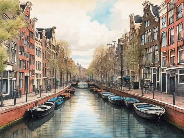 Auf dem Bild sind die versteckten Grachten Amsterdams zu sehen. Man erkennt malerische Kanäle, gesäumt von typischen, historischen Gebäuden mit schmalen Fassaden. An den Ufern stehen einige Bäume, und im Wasser liegen bunte Boote. Die Atmosphäre ist ruhig und einladend, was die charmante Landschaft der Stadt unterstreicht.