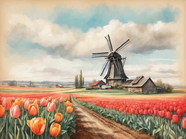 Auf dem Bild sind farbenfrohe Tulpenfelder zu sehen, die eine idyllische Landschaft mit einem historischen Windrad und einigen Scheunen umranden. Diese Art von Landschaft ist typisch für die Niederlande und bietet eine hervorragende Kulisse für Fahrradtouren.

Die besten Fahrradrouten in den Niederlanden führen oft durch solche malerischen Gebiete. Eine empfehlenswerte Route ist der „Bloemenroute“, die besonders während der Blütezeit der Tulpen beeindruckend ist. Sie können auch die „Hollandsche Biesbosch“-Route erkunden, die durch wunderschöne Naturreservate und entlang von Wasserwegen führt.