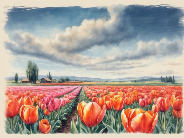 Auf dem Bild sind wunderschöne Tulpenfelder zu sehen, die in leuchtenden Farben blühen. Die Tulpen erscheinen in verschiedenen Nuancen von Orange und Pink, die harmonisch miteinander kombiniert sind. Im Hintergrund erstrecken sich sanfte Hügel und ein melancholischer Himmel, der mit Wolken durchzogen ist. Zwei kleine Holzgebäude ergänzen die malerische Landschaft und vermitteln ein Gefühl von Ruhe und Idylle. Diese Darstellung der Tulpenfelder strahlt eine besondere Schönheit und Fülle aus, die den Betrachter in ihren Bann zieht.