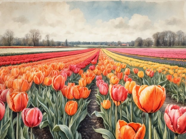 Auf dem Bild sind bunte Tulpenfelder zu sehen, die in verschiedenen Farben blühen, darunter Orange, Rot, Pink und Gelb. Für Tulpenliebhaber sind folgende Reiseziele besonders empfehlenswert:

1. **Käse- und Tulpenfelder in Holland**: Die Niederlande sind berühmt für ihre Tulpenfelder, insbesondere in der Region Keukenhof, wo jedes Jahr das größte Blumenspektakel der Welt stattfindet.

2. **Skagit Valley, Washington, USA**: Jährlich findet im April das Skagit Valley Tulip Festival statt, das eine atemberaubende Landschaft von blühenden Tulpen bietet.

3. **Ottawa, Kanada**: Das Canadian Tulip Festival in Ottawa feiert die Beziehung zwischen Kanada und den Niederlanden mit Millionen von Tulpen, die in den Stadtparks blühen.

4. **Bonn, Deutschland**: Die Stadt Bad Honnef in Bonn hat reizvolle Tulpen- und Blumenfeiern, die Gartenliebhaber anziehen.

5. **Photogenic Tulip Festival in Holland, Michigan**: Dieses Festival findet im Mai statt und zieht viele Besucher mit seinen farbenfrohen Tulpen und traditioneller niederländischer Kultur an.

Diese Orte bieten nicht nur wunderschöne Blumen, sondern auch zahlreiche Aktivitäten für Einheimische und Touristen.