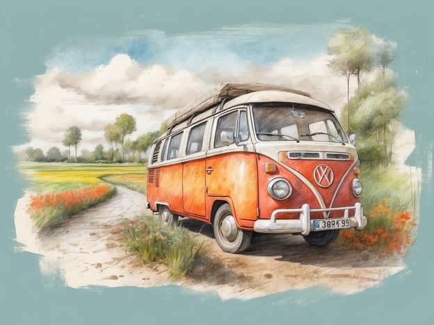 Auf dem Bild ist ein orangefarbener Volkswagen-Bus zu sehen, der auf einem ländlichen Weg steht. Um ihn herum sind grüne Wiesen und blühende Felder, was eine wunderschöne Naturkulisse schafft. Solche Szenerien sind ideal für den Ökotourismus in den Niederlanden, wo Besucher die malerischen Landschaften, die reiche Flora und Fauna sowie nachhaltige Reiseangebote genießen können. Der VW-Bus symbolisiert oft eine entspannte, abenteuerliche Art des Reisens und passt gut zu Aktivitäten wie Radfahren und Wandern in der Natur.