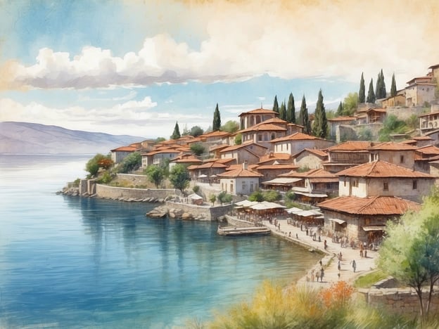 Das Bild zeigt eine malerische Küstenlandschaft, die an die historische Stadt Ohrid am Ohridsee erinnert. Ohrid ist bekannt für seine atemberaubende Kulisse, die von alten Gebäuden, steilen Ufern und klarem Wasser geprägt ist. Die Architektur, mit den charakteristischen roten Ziegeldächern und steinernen Häusern, spiegelt das reichhaltige kulturelle Erbe wider. 

Die Stadt ist auch für ihre antike Geschichte berühmt, einschließlich der zahlreichen Kirchen, Klöster und der legendären Schreibschule von Ohrid. Diese Stätte ist Teil des UNESCO-Weltkulturerbes und zieht viele Besucher an, die die Verbindung von Natur und Kultur erleben möchten. Die ruhige Stimmung des Wassers und die umgebende Natur laden zum Verweilen und Entspannen ein.