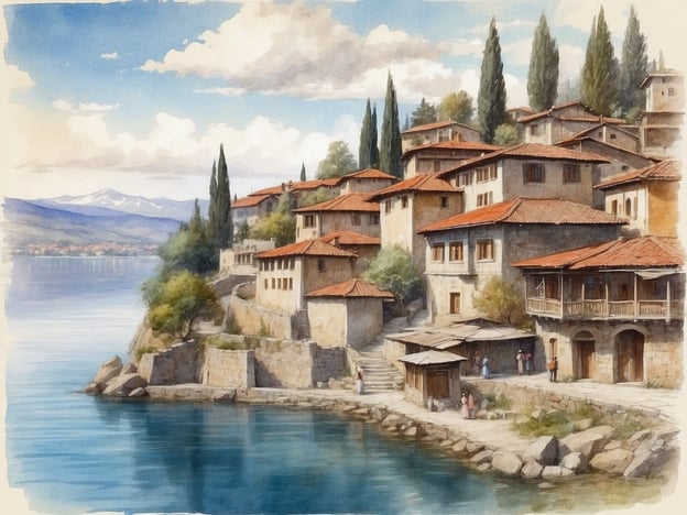 Auf dem Bild ist eine malerische Küstenansicht von Ohrid zu sehen, die typischerweise mit der Architektur der Altstadt assoziiert wird. Die hübschen, alten Häuser mit roten Ziegeldächern und die Nähe zum Ohridsee spiegeln die einzigartige Atmosphäre der Stadt wider. 

Möglicherweise sind hier auch Elemente wie die St. Johannes von Kaneo Kirche oder die antiken Ruinen des Theaters von Ohrid angedeutet, die zu den bekanntesten Sehenswürdigkeiten der Region gehören. Insgesamt vermittelt das Bild einen Eindruck von der historischen und kulturellen Bedeutung Ohrids, einer UNESCO-Weltkulturerbestätte.