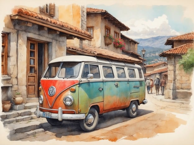 Auf dem Bild ist ein alter Volkswagen-Bus zu sehen, der vor einem malerischen, historischen Gebäude geparkt ist. Die Architektur der Umgebung erinnert an die traditionellen Steinhäuser von Ohrid, eine Stadt, die für ihr kulturelles Erbe und ihre beeindruckenden alten Gebäude bekannt ist. Die Blumen in den Fenstern und die gepflasterten Straßen verstärken den charmanten Eindruck, den die Stadt vermittelt. Ohrid ist ein Ort, der für seine bedeutende Geschichte, alte Kirchen und Denkmäler geschätzt wird, was sich in der Atmosphäre dieser Szene widerspiegelt.