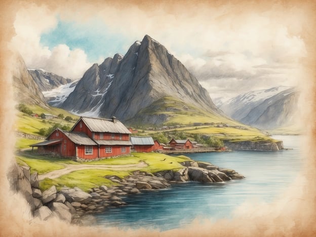 Auf dem Bild ist eine malerische norwegische Landschaft zu sehen, die typisch für Norwegens kulturelles Erbe ist. Im Vordergrund stehen charakteristische rote Holzhäuser, die oft als „rorbuer“ bezeichnet werden und traditionell von Fischern genutzt wurden. Diese sind von einer üppigen, grünen Landschaft umgeben, während im Hintergrund majestätische Berge und ein ruhiger Fjord sichtbar sind.

Die Landschaft spiegelt die enge Verbindung der Norweger zur Natur wider, die sich auch in ihrer Architektur und Lebensweise zeigt. Die Verwendung von rot gestrichenen Holzgebäuden ist eine häufige Tradition in Norwegen, die praktische funktionale Eigenschaften mit ästhetischem Wert vereint. Die Szene vermittelt ein Gefühl von Ruhe und idyllischem Leben in der Natur, was ein wichtiger Aspekt der norwegischen Kultur und Identität ist.