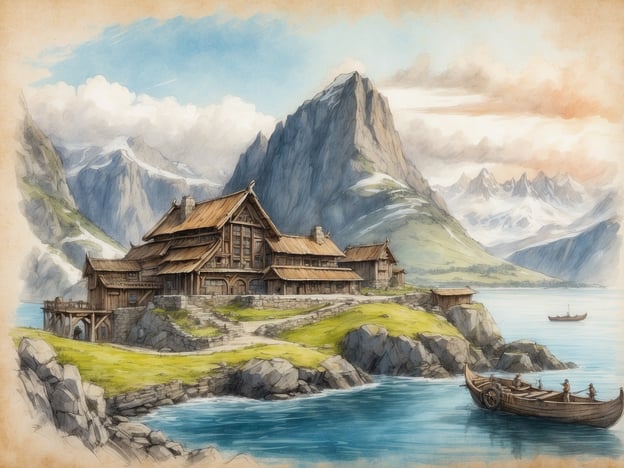 Auf dem Bild ist eine idyllische Landschaft mit einem großen, stilvollen Holzhaus zu sehen, umgeben von majestätischen Bergen und einem glitzernden Fjord. Dies könnte eine Darstellung eines historischen norwegischen Hofes sein, der an die frühen Siedler von Oslo erinnert. Die Gründung Oslos geht auf das Jahr 1040 zurück, als die Region von skandinavischen Wikingern besiedelt wurde. Die Architektur und die Natur in der Abbildung spiegeln die Traditionen und die enge Verbindung der Norweger zur Natur wider, die schon in der Vergangenheit eine wichtige Rolle im Leben der Menschen spielte. Fischerboote, wie sie im Bild zu sehen sind, zeigen auch die maritime Kultur, die in dieser Region tief verwurzelt ist.