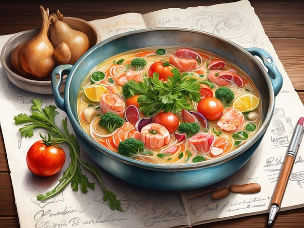 Auf dem Bild ist ein großer Topf mit einer bunten, köstlichen Suppe zu sehen. Die Suppe ist reichhaltig mit verschiedenen Zutaten wie frischem Gemüse, Fischstücken und Kräutern. Man erkennt leuchtend rote Tomaten, Brokkoli, Zitrusfrüchte und knackige Paprika. Neben dem Topf liegen einige Schalotten und eine handgeschriebene Rezeptseite, die auf kulinarische Kreativität und Exzellenz hinweist. Die Szene strahlt eine einladende Atmosphäre aus und verspricht ein wahres Fest der Aromen.