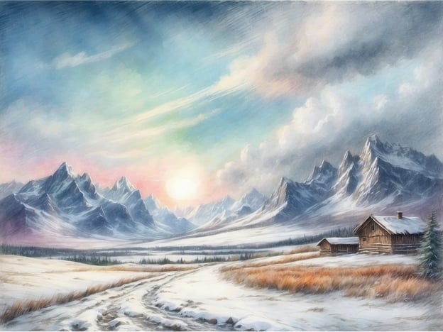 Auf dem Bild ist eine wunderschöne Winterlandschaft zu sehen, die typisch für Norwegen ist. Die schneebedeckten Berge erheben sich majestätisch im Hintergrund, ihre Spitzen glitzen im Sonnenlicht. Die sanften Farbtöne des Himmels, insbesondere die rosa und blauen Nuancen, schaffen eine malerische Atmosphäre.

Im Vordergrund führt ein verschneiter Weg durch die winterliche Landschaft, umgeben von einer Mischung aus schneebedecktem Gras und braunen Halmen, die dem Bild Textur verleihen. Die rustikalen Holzhütten vermitteln ein Gefühl von Gemütlichkeit und Tradition, während die wilden, unberührten Berge die raue Schönheit und Abgeschiedenheit der norwegischen Natur widerspiegeln. Diese Landschaft kombiniert eindrucksvoll die klare Kälte des Winters mit warmer, einladender Zivilisation.