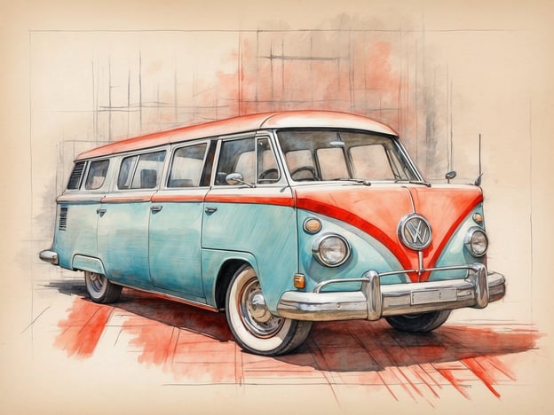 Auf dem Bild ist ein historischer Volkswagen Bus zu sehen, der auffällig in pastelartigen Farben, insbesondere Blau und Rot, gehalten ist. Diese Art von Fahrzeug hat einen nostalgischen Charme, der oft mit Freiheit und Abenteuer assoziiert wird. 

Moderne Interpretationen zeigen, dass solche Oldtimer immer mehr in den Fokus von Liebhabern und Sammlern rücken. Der Trend des „Vintagestyle“ und der retro-inspirierten Mobilität gewinnt an Bedeutung, insbesondere bei jüngeren Generationen, die den Lifestyle der 60er und 70er Jahre wiederbeleben möchten. 

Zusätzlich wird der Bus oft als Symbol für nachhaltige Mobilität betrachtet, da viele Fahrer heutzutage versuchen, Oldtimer zu restaurieren und auf umweltfreundliche Antriebe umzurüsten. Das Bild spiegelt somit nicht nur eine bestimmte Epoche wider, sondern auch aktuelle gesellschaftliche Trends, wie das Streben nach Authentizität und umweltbewusstem Leben.