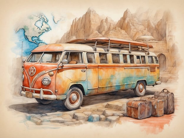 Auf dem Bild ist ein farbenfroher Volkswagen-Bus zu sehen, der auf einer unebenen Straße parkt. Der Bus hat eine lebendige Lackierung in Orange, Blau und Gelb und scheint nostalgisches Flair auszustrahlen. Neben dem Bus befinden sich mehrere ältere Koffer, die für eine Reise oder einen Abenteuertrip vorbereitet sind. Im Hintergrund sind beeindruckende Berge und historische Strukturen zu erkennen, was auf eine kulturell reiche Umgebung hindeutet. Die Karte von Nordamerika im Hintergrund symbolisiert möglicherweise eine Reise oder Erkundung. Diese Darstellung reflektiert die reiche kulturelle Vielfalt und die Abenteuerlust, die oft mit Reisen verbunden sind.