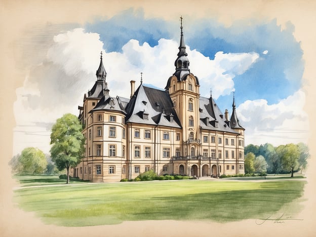 Auf dem Bild ist ein großes, elegantes Schloss zu sehen, das an eine der Sehenswürdigkeiten in Ilfeld erinnern könnte, wie das Schloss Ilfeld. Dieses Gebäude hat beeindruckende Türme und einen schönen Garten, der typisch für historische Schlösser in der Region ist. Ilfeld ist bekannt für seine malerische Architektur und die umliegende Natur.