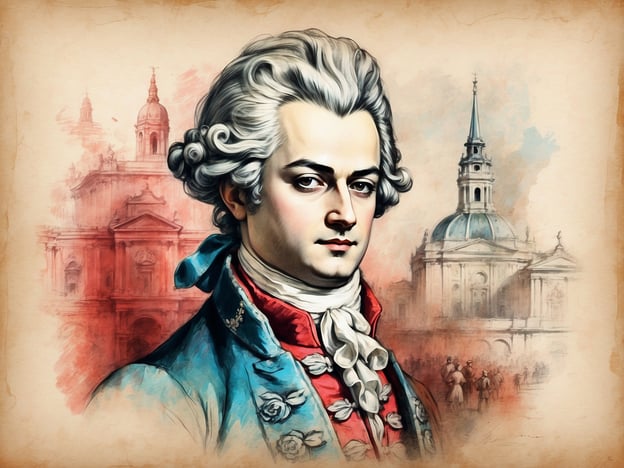 Auf dem Bild ist eine stilisierte Darstellung einer historischen Figur, die an Wolfgang Amadeus Mozart erinnert. Mozart wurde 1756 in Salzburg geboren und hinterließ dort zahlreiche Spuren. Seine Kindheit und Jugend waren stark mit dieser Stadt verbunden, wo er seine ersten Kompositionen schrieb und viele seiner berühmtesten Werke skizzierte.

In Salzburg gibt es heute viele Orte, die an ihn erinnern, wie zum Beispiel sein Geburtshaus in der Getreidegasse und das Mozarteum, eine renommierte Musikhochschule. Jedes Jahr finden in Salzburg die berühmten Salzburger Festspiele statt, die auch Mozarts Werk gewidmet sind. Er gilt als einer der bedeutendsten Komponisten der klassischen Musik und seine Musik wird weltweit geschätzt.