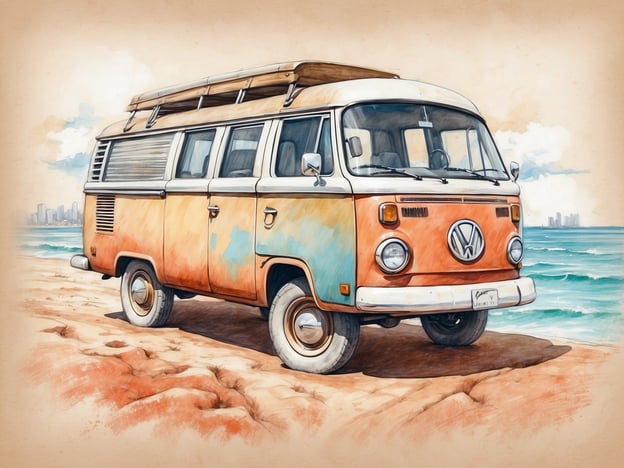 Auf dem Bild ist ein farbenfroher VW-Bus, der am Strand steht. Dies könnte ein beliebter Ort für Strandurlauber sein, die die Sonne und das Meer genießen möchten. Touristische Aktivitäten in dieser Umgebung könnten das Schwimmen im Meer, Sonnenbaden, Beachvolleyball spielen oder Strandspaziergänge umfassen. Außerdem könnte der Bus als ideales Fahrzeug für einen Roadtrip entlang der Küste dienen, um verschiedene Strände zu erkunden oder Picknicks am Meer zu veranstalten.