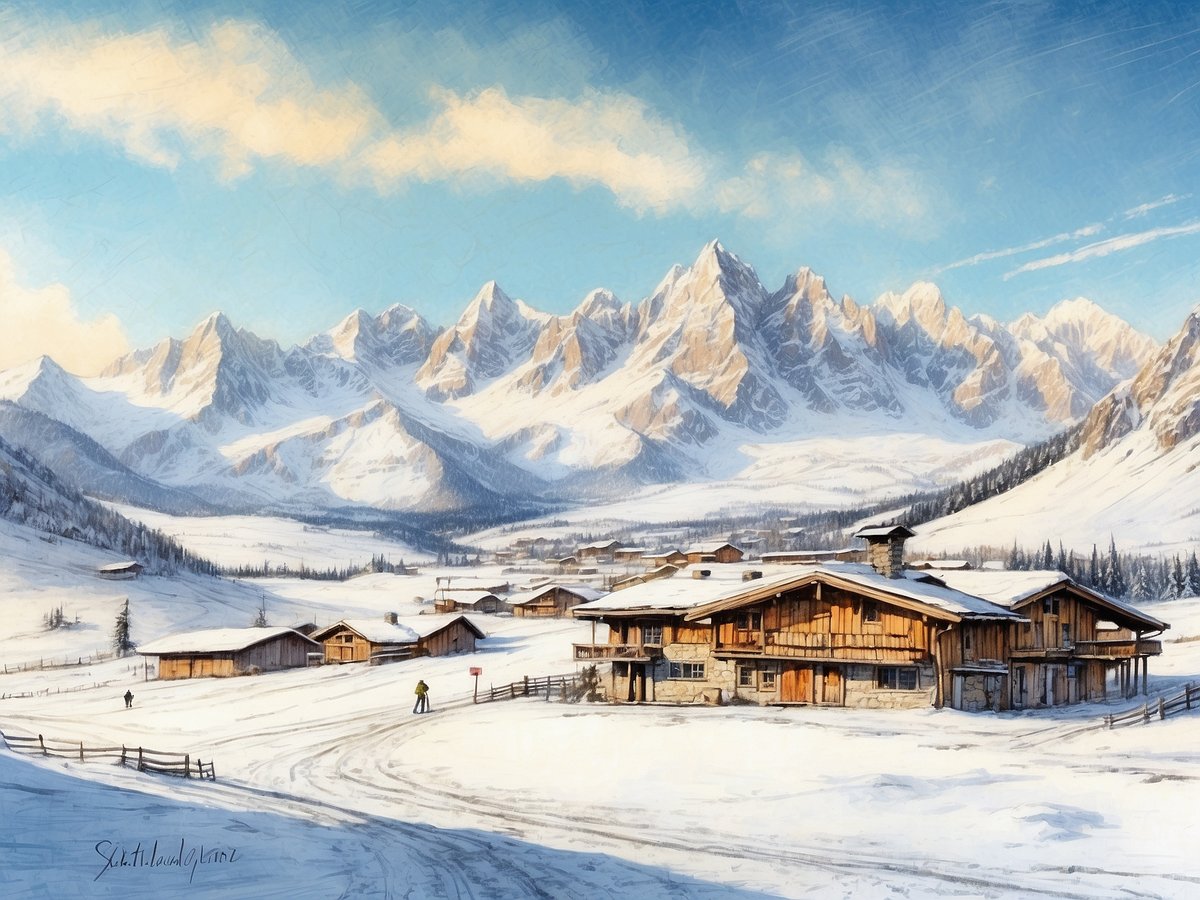 Eine verschneite Winterlandschaft in St Anton ist zu sehen, geprägt von hohen Bergen im Hintergrund und traditionellen Holzchalets im Vordergrund. Die klare, blaue Himmel verschönert die Szene, während sich die verschneite Fläche sanft in die Weite zieht. Einzelne Personen sind in der Ferne beim Skifahren zu erkennen, was die Winteraktivitäten in dieser idyllischen Umgebung unterstreicht. Die Mischung aus Natur und Architektur vermittelt eine gemütliche, alpine Atmosphäre.