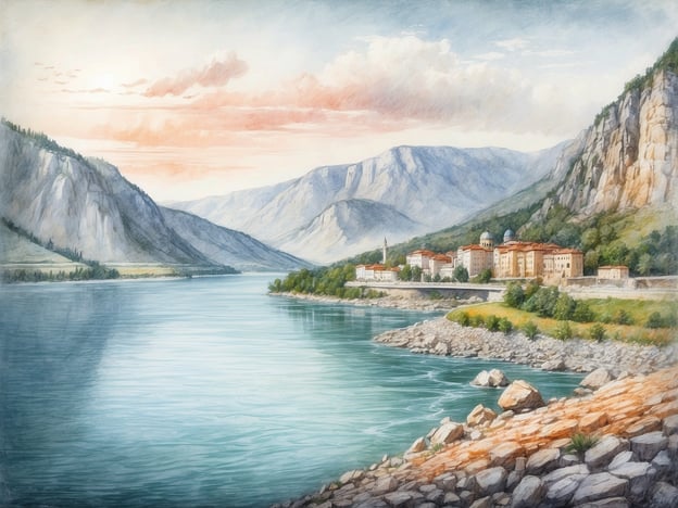 Auf dem Bild ist eine malerische Landschaft zu sehen, die die Schönheit der Donau hervorhebt. Die ruhigen Wasser der Donau spiegeln die majestätischen Berge wider, die die Ufer säumen. Am rechten Rand sieht man eine idyllische Siedlung mit einem historischen Gebäude, umgeben von üppiger Vegetation. Die sanften Farbtöne des Himmels und das harmonische Zusammenspiel von Wasser und Land schaffen eine einzigartige Atmosphäre, die die bezaubernde Landschaft der Donau betont.