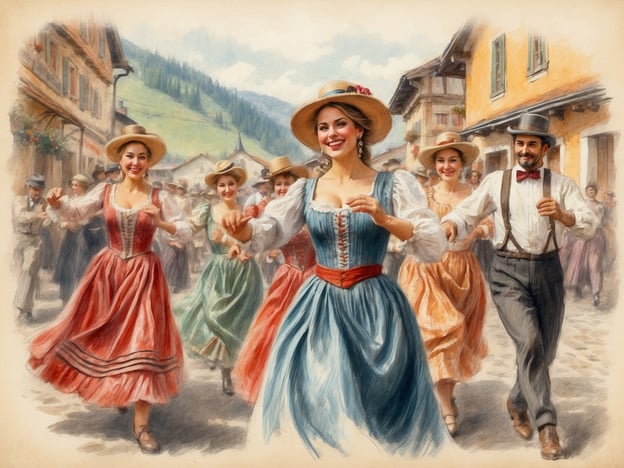 Auf dem Bild sind fröhliche Tänzerinnen und Tänzer in traditionellen Trachten zu sehen, die anscheinend an einem Volkstanz oder Festumzug teilnehmen. Die Frauen tragen bunte Kleider, während die Männer in stylischen Anzügen mit Fliegen gekleidet sind. Solche Szenen sind typisch für Feste in Österreich, wo Volksmusik oft eine zentrale Rolle spielt. Die Musik, wahrscheinlich mit Geigen, Akkordeons und anderen traditionellen Instrumenten, begleitet den Tanz und fördert die gesellige Atmosphäre. Volkstänze wie der „Wiener Schuhplattler“ oder „Landler“ könnten hier praktiziert werden, um die kulturelle Tradition lebendig zu halten.