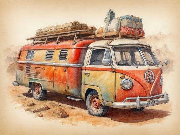 Auf dem Bild ist ein bunt bemaltes Volkswagen-Campingfahrzeug zu sehen, das auf einem felsigen Untergrund steht. Solche Fahrzeuge sind eng mit der Reise- und Campingkultur verbunden und symbolisieren Abenteuer und Freiheit. 

Die Volkskultur spielt im Tourismus eine entscheidende Rolle, indem sie authentische Erlebnisse und Traditionen vermittelt. Ein Bus wie dieser könnte Touristen anziehen, die eine Verbindung zur Geschichte des Reisens und zur Kultur des Campens suchen. Er erinnert an die hippie Bewegung und die Sehnsucht nach einem Leben im Einklang mit der Natur, was für viele Reisende auch heute noch von großer Bedeutung ist. 

Zusammengefasst verkörpert das Bild nicht nur ein beliebtes Fortbewegungsmittel, sondern auch eine Lebensweise, die in vielen touristischen Destinationen zelebriert wird – eine Verbindung zwischen kulturellem Erbe und modernem Tourismus.