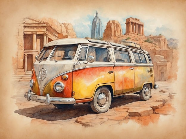 Auf dem Bild ist ein klassischer VW-Bully (Volkswagen Transporter) zu sehen, der in einer historisch anmutenden Umgebung geparkt ist. Im Hintergrund erkennt man monumentale Bauwerke, die an verschiedene Kulturen erinnern – von antiken Ruinen bis zu modernen Wolkenkratzern wie dem Empire State Building.

Dieser Kontrast symbolisiert die kulturelle Vielfalt und den Dialog zwischen verschiedenen historischen Epochen und Kulturen. Der VW-Bully ist nicht nur ein Symbol der 1960er Jahre und der Hippie-Bewegung, sondern auch ein Zeichen für Reisen, Abenteuer und die Freiheit, die dazugehörigen Werte in einer multikulturellen Welt zu erkunden. Die Darstellung vereint Elemente der Geschichte, modernen Lebensstil und die Sehnsucht nach Erlebnissen in verschiedenen kulturellen Kontexten.