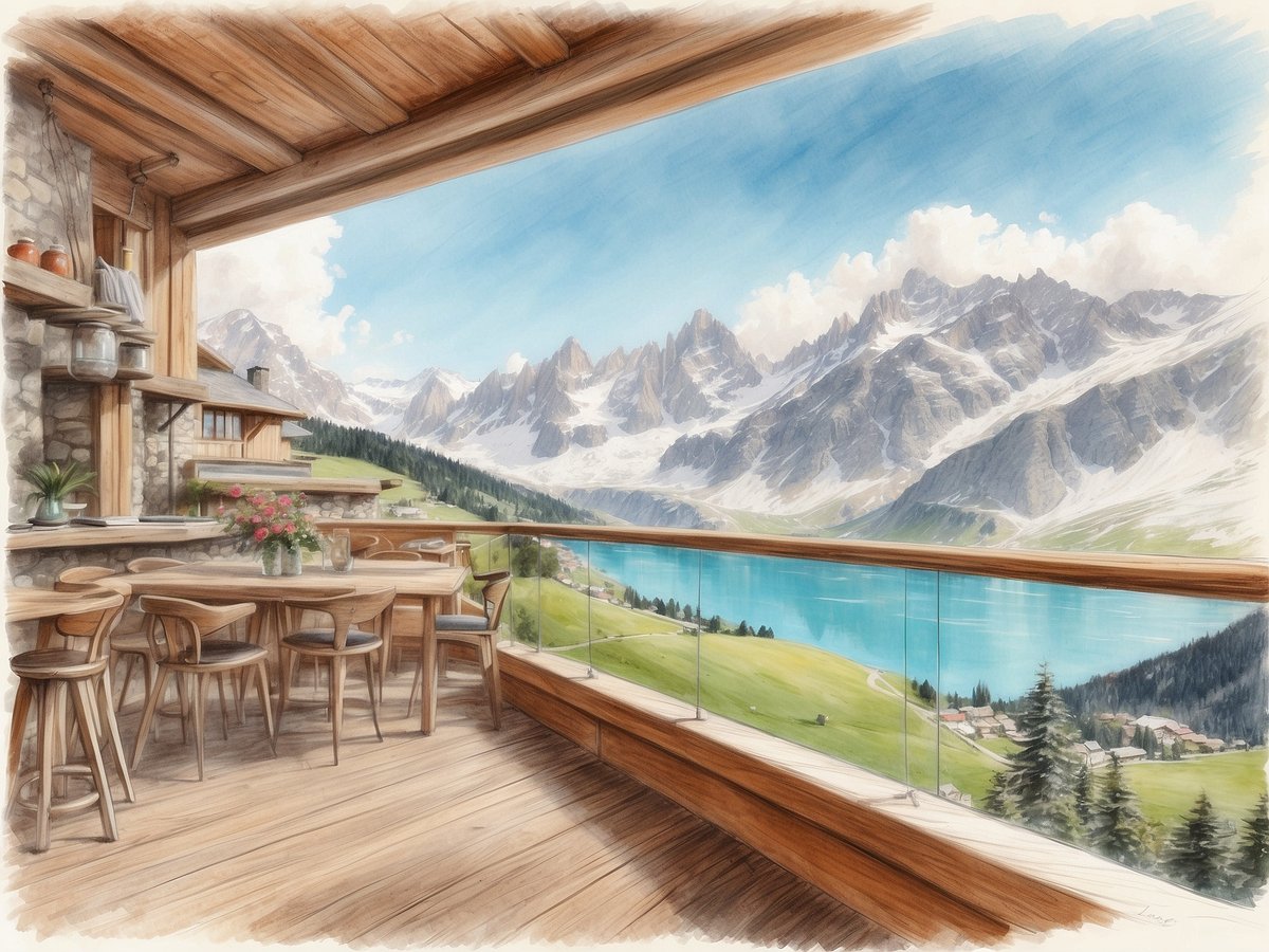 Eine idyllische Terrasse mit Holzdekor bietet einen atemberaubenden Blick auf die Alpenlandschaft. In der Mitte steht ein großer Holztisch mit gemütlichen Stühlen, umgeben von Pflanzen und Blumen. Im Hintergrund sind majestätische Berge mit schneebedeckten Gipfeln und ein glitzernder blauer See zu sehen, während die Wiesen und Wälder in sattem Grün leuchten. Der Himmel ist klar und sonnig, wodurch die gesamte Szenerie einladend und friedlich wirkt, perfekt für einen Aufenthalt im Robinson Club Alpenrose Zürich in Österreich.
