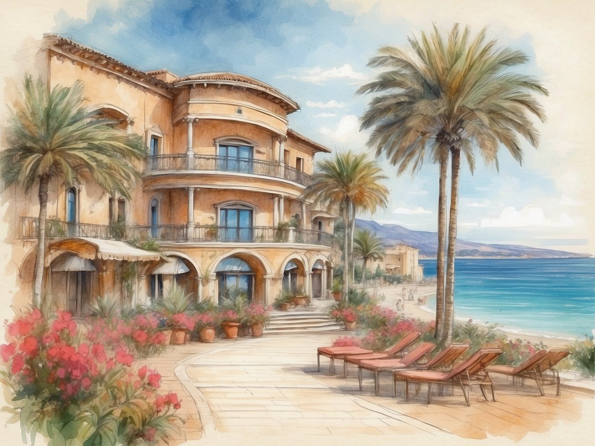 Die Aufnahme zeigt eine malerische Strandlandschaft mit einem eleganten Gebäude im mediterranen Stil, das Robinsongelb und große Fenster aufweist. Vor dem Gebäude erstreckt sich eine großzügige Terrasse, auf der bequeme Liegen angeordnet sind. Umgeben wird die Szene von Palmen und bunten Blumen, die dem Ort eine einladende Atmosphäre verleihen. Im Hintergrund ist das klare, blaue Wasser und der helle Sandstrand sichtbar, während sich sanfte Hügel am Horizont erstrecken. Der Himmel ist hell und wolkenlos, was auf ein schönes, sonniges Wetter hindeutet.