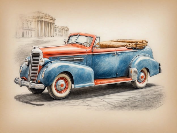 Auf dem Bild ist ein klassisches amerikanisches Cabrio aus den 1940er Jahren zu sehen, in nostalgischen Farben von Blau und Rot. Solche Autos symbolisieren oft eine Ära der Automobilentwicklung, als offene Fahrzeuge und stilvolles Design besonders geschätzt wurden. Im Hintergrund könnte man architektonische Highlights sehen, die an kulturelle Wahrzeichen erinnern, wie prächtige Gebäude, die für den Glanz dieser Zeit stehen. Automobile dieser Art sind nicht nur Fortbewegungsmittel, sondern auch Ikonen der Popkultur, die in Filmen und Musik der damaligen Zeit oft verewigt wurden.