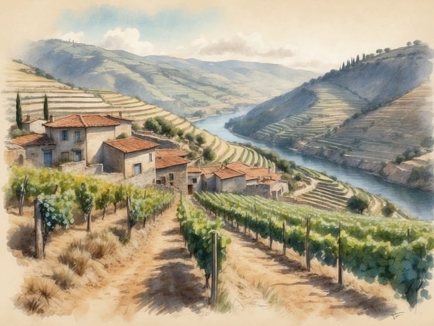 Auf dem Bild sind die einzigartigen Weinberge am Douro-Tal zu sehen. Die sanften Hügel sind mit Reihen von Weinreben bepflanzt, während ein Fluss, der Douro, durch die Landschaft fließt. Im Vordergrund befinden sich Weinreben entlang eines Pfades, und im Hintergrund erkennt man traditionelle Gebäude mit roten Dächern. Die sanften Kurven der Hügel und die malerische Szenerie vermitteln die Schönheit dieser UNESCO-Weltkulturerbestätte.