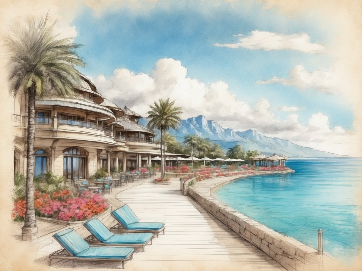 Blick auf den Robinson Club Çamyuva in der Türkei, mit mehreren eleganten Gebäuden im Hintergrund und einer Palmengesäumten Uferpromenade. Im Vordergrund befinden sich blau gepolsterte Liegen und farbenfrohe Blumenbeete. Das türkisfarbene Wasser des Mittelmeers erstreckt sich bis zu einer Berglandschaft im Hintergrund, während die Wolken am Himmel eine entspannte Atmosphäre schaffen.