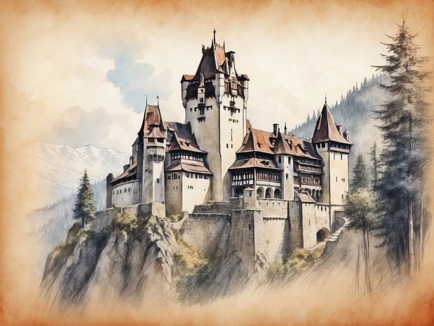 Auf dem Bild ist ein beeindruckendes Schloss zu sehen, das an berühmte rumänische Schlösser erinnert, wie beispielsweise das Schloss Bran, das oft mit der Legende von Drakulas verbunden wird. Das Schloss ist auf einer Erhebung gebaut und von einer malerischen Landschaft umgeben, was ihm eine mystische und majestätische Ausstrahlung verleiht. Die Architektur mit den Türmen und dem Dach erinnert an die typisch mittelalterliche Bauweise, die für viele Schlösser in Rumänien charakteristisch ist. Ein weiteres Beispiel wäre das Schloss Peleș, bekannt für seine beeindruckenden Details und seine Lage in den Karpaten.