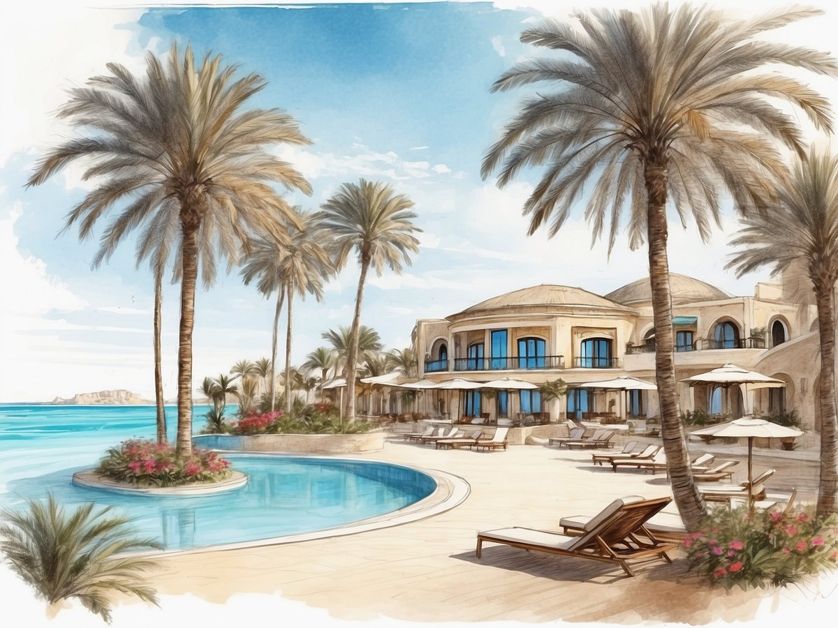 Eine malerische Poollandschaft im Robinson Club Djerba Bahiya in Tunesien. Große Palmen umrahmen den Poolbereich, der von komfortablen Liegen umgeben ist. Im Hintergrund sind elegant gestaltete Gebäude mit runden Dächern und großen Fenstern zu sehen. Bunte Blumenbeete verleihen dem Garten eine lebendige Atmosphäre, während das glitzernde blaue Wasser des Pools zur Entspannung einlädt. Der Himmel ist klar und sonnig, was die tropische Urlaubsstimmung unterstreicht.