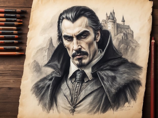 Auf dem Bild ist eine künstlerische Darstellung zu sehen, die an die Legende von Dracula erinnert. Es zeigt einen finsteren Mann mit einem ausdrucksvollen Gesicht, der wahrscheinlich Dracula selbst verkörpern soll. Er trägt einen eleganten, dunklen Umhang und hat ein selbstbewusstes, fast bedrohliches Auftreten. Im Hintergrund ist eine imposante Burg abgebildet, die an Draculas Schloss in Transsilvanien erinnert. Die Kombination aus dem geheimnisvollen Blick des Mannes und der romantischen, aber auch unheimlichen Landschaft spiegelt die Atmosphäre der Dracula-Sage wider.