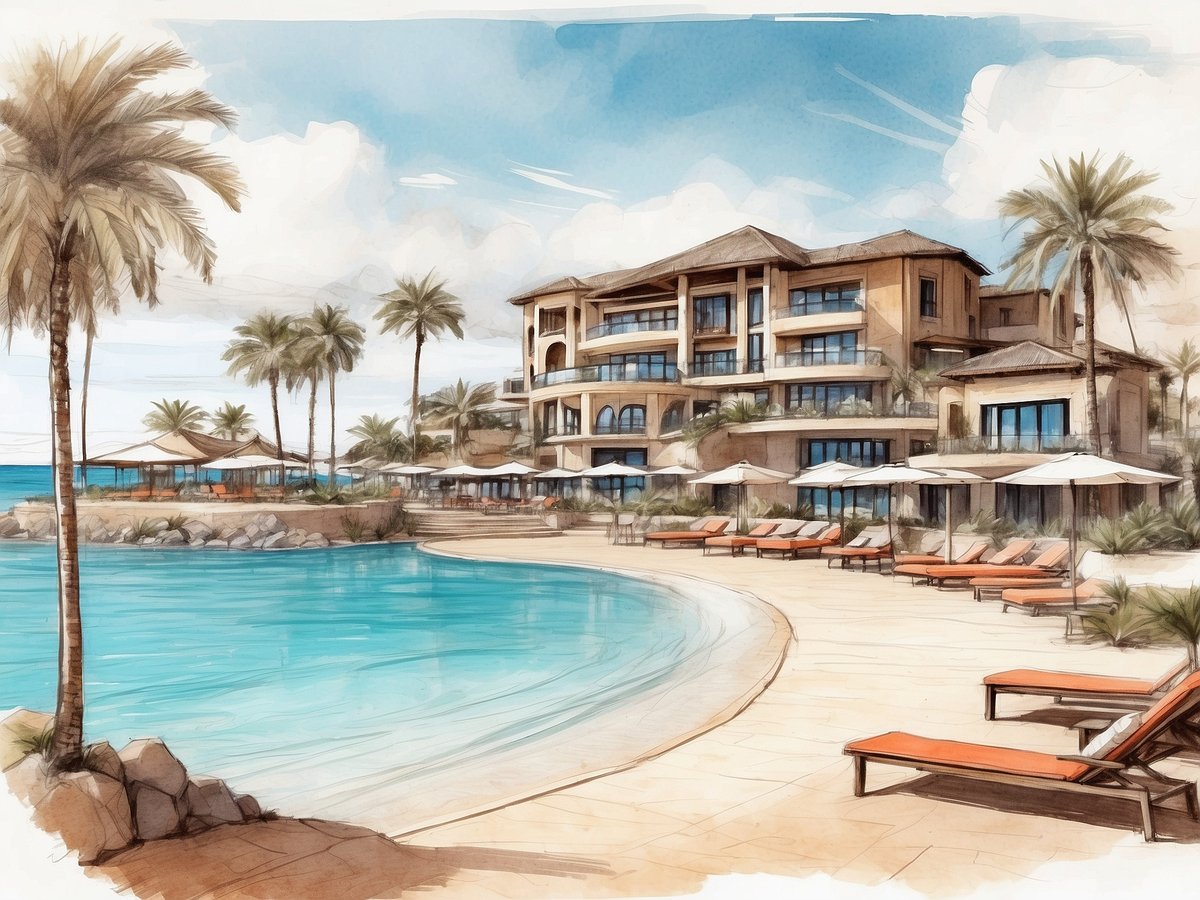 Ein malerischer Blick auf das ROBINSON CLUB ESQUINZO PLAYA in Spanien, der eine ruhige Küstenlandschaft zeigt. Im Vordergrund erstreckt sich ein türkises Wasserbecken, das sanft an den Strand gespült wird. An der Uferlinie stehen orangefarbene Liegen unter weißen Sonnenschirmen, umgeben von Palmen, die für Schatten sorgen. Im Hintergrund ist das stilvolle Clubgebäude zu sehen, das über mehrere Etagen verfügt und große Fenster hat, die die Aussicht auf das Meer ermöglichen. Der Himmel ist leicht bewölkt, was eine entspannte Atmosphäre schafft.