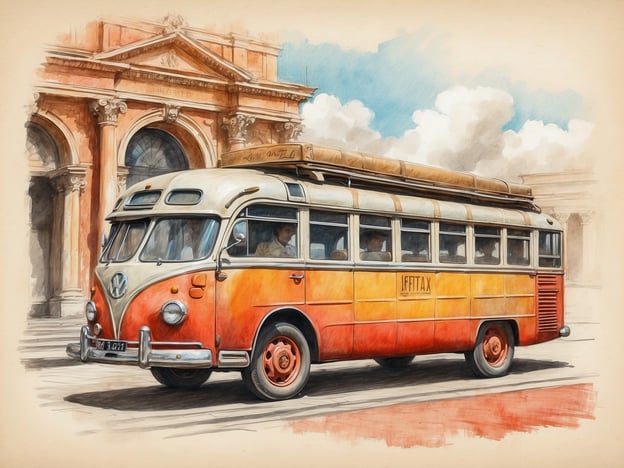 Auf dem Bild ist ein klassischer Volkswagen-Bus zu sehen, der oft als "Bulli" bezeichnet wird. Dieser Typ von Fahrzeug wurde erstmals in den 1950er Jahren produziert und ist ein ikonisches Symbol der deutschen Automobilgeschichte. Der Bulli wird mit Freizeit, Reisen und der Hippiekultur in Verbindung gebracht, besonders in den 1960er und 1970er Jahren, als er von jungen Menschen und Gegenkulturbewegungen als Transportmittel für ihre Abenteuer und Roadtrips genutzt wurde.

Der Hintergrund des Bildes zeigt architektonische Elemente, die an historische Gebäude erinnern, was darauf hindeutet, dass der Bus möglicherweise in einer städtischen Umgebung oder an einem berühmten Wahrzeichen positioniert ist. Diese Verbindung zwischen einem historischen Bus und repräsentativer Architektur spiegelt die Wechselwirkungen zwischen Mobilität und städtischer Kultur wider. Der Bus symbolisiert nicht nur Reisen und Entdeckung, sondern auch den Einfluss von Automobilen auf die soziale und kulturelle Entwicklung in der Nachkriegszeit.