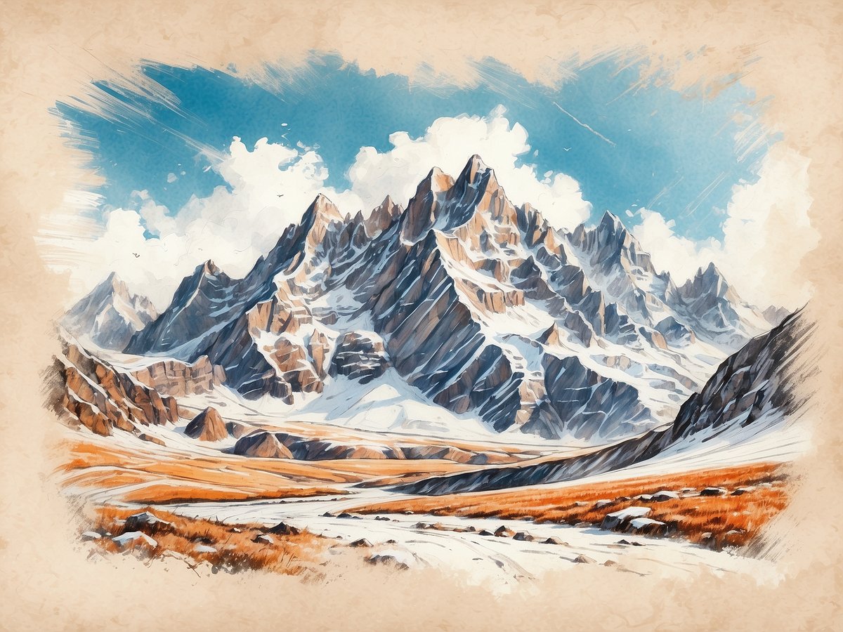 Eine atemberaubende Landschaft mit mächtigen Bergen, die mit Schnee bedeckt sind. Die Bergspitzen sind schroff und steil, während die darunter liegende Ebene mit trockenem, goldenem Gras bewachsen ist. Der Himmel ist blau mit einigen weißen, flauschigen Wolken, die eine harmonische Atmosphäre schaffen. Die Szene erinnert an die alpine Region Les Arcs und vermittelt ein Gefühl von Ruhe und Erhabenheit.