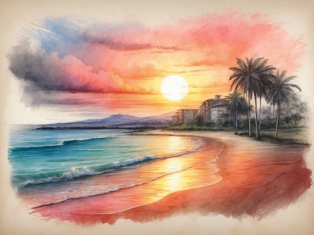 Auf dem Bild ist ein malerischer Sonnenuntergang über einem Strand zu sehen. Die Farben des Himmels reichen von sanften Rosa- und Orangetönen bis hin zu tiefen Blautönen, die eine romantische Atmosphäre schaffen. Die Sonne senkt sich langsam über dem Horizont und spiegelt sich im Wasser, während die Wellen sanft an den Strand rollen.

Die palmengesäumte Küste und die sanften Hügel im Hintergrund bieten eine ideale Kulisse für romantische Fotomöglichkeiten. Paare könnten hier wunderschöne Erinnerungsfotos machen oder einfach den Moment zusammen genießen. Ein Sonnenuntergang an einem solchen Ort ist perfekt für romantische Spaziergänge oder entspannte Stunden am Wasser.