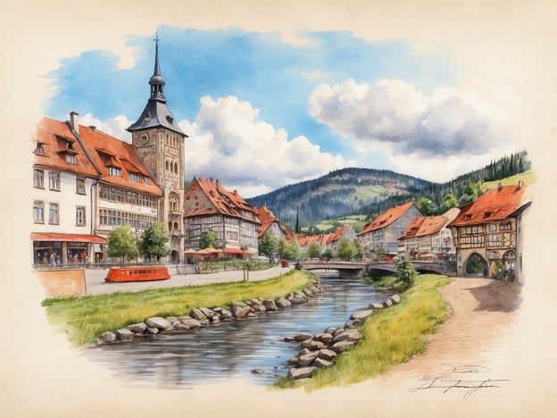 Auf dem Bild ist eine malerische Szene einer kleinen Stadt zu sehen, die von sanften Hügeln umgeben ist. Im Vordergrund fließt ein ruhiger Fluss, der an einem gepflasterten Ufer entlang verläuft. Auf der linken Seite erhebt sich ein stattlicher Uhrenturm, umgeben von historischen Gebäuden mit roten Dächern und Fachwerkarchitektur. Kleine Bäume und Cafés laden zur Erholung ein. 

Diese Bildbeschreibung erinnert an die idyllische Umgebung von Benneckenstein, einem charmanten Ort im Harz. Die Stadt hat eine vielfältige Geschichte, die von Bergbau und Handwerk geprägt ist. Ähnlich wie auf dem Bild spiegelt auch Benneckenstein die traditionelle Architektur und die natürliche Schönheit der Region wider. Es ist ein Ort, der sowohl Geschichte als auch Natur in harmonischer Weise verbindet.